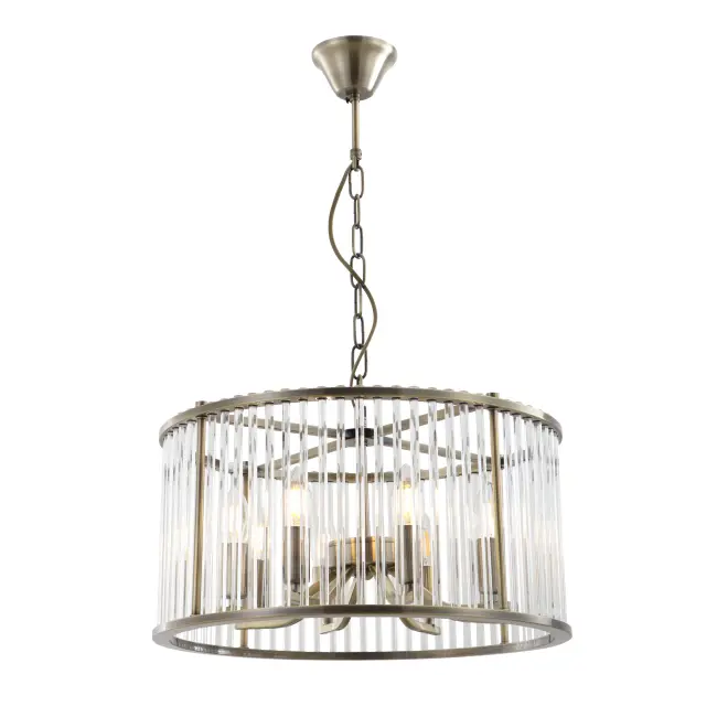 8-Light Antique Brass Cage Chandelier with Glass Rods