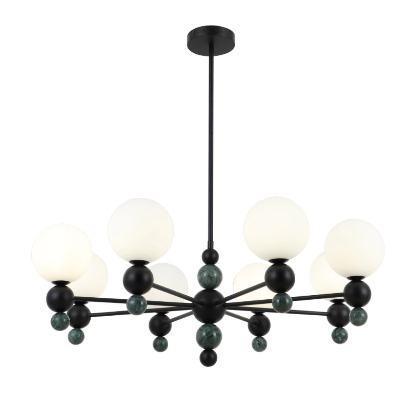 Modern 8-Light Glass Globe Chandelier with Green Marble Accents