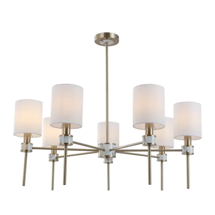 Multi-Lights Off-White Cylindrical Fabric Shade Brass Hanging Chandelier