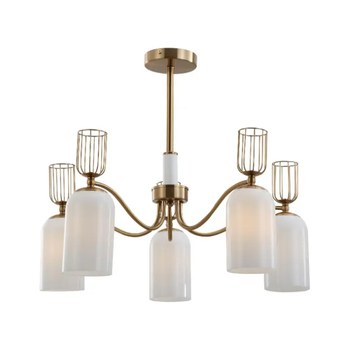 Retro 5-Light Milk White Glass Gold Chandelier